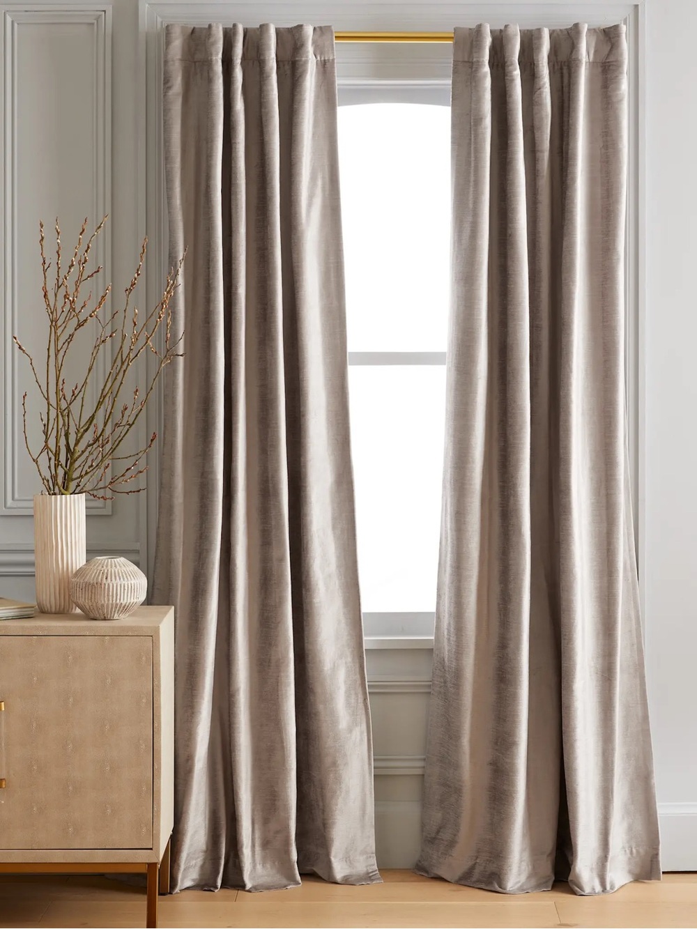 QUINCE Set Of 2 48x84 Luster Velvet Room Darkening Curtains Silver 7974